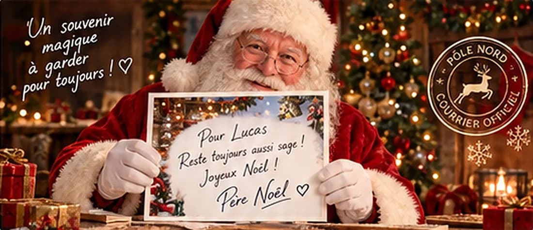 Julemanden holder et foto med autograf: »Til Lucas, bliv ved med at være lige så sød! Glædelig jul!«