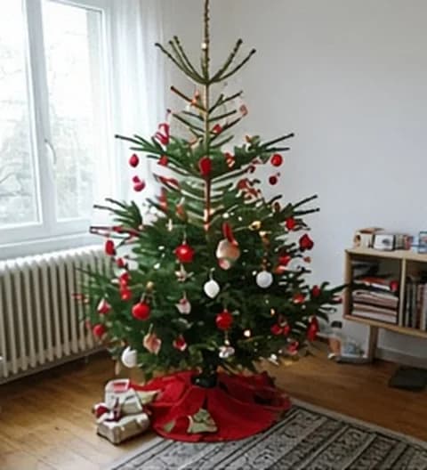 Un sapin familial naturel, décoré simplement dans un intérieur vécu, photo partagée depuis France