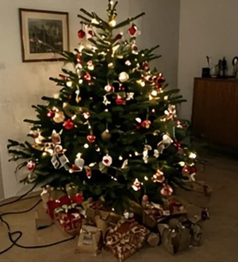 Un sapin familial naturel, décoré simplement dans un intérieur vécu, photo partagée depuis Belgique