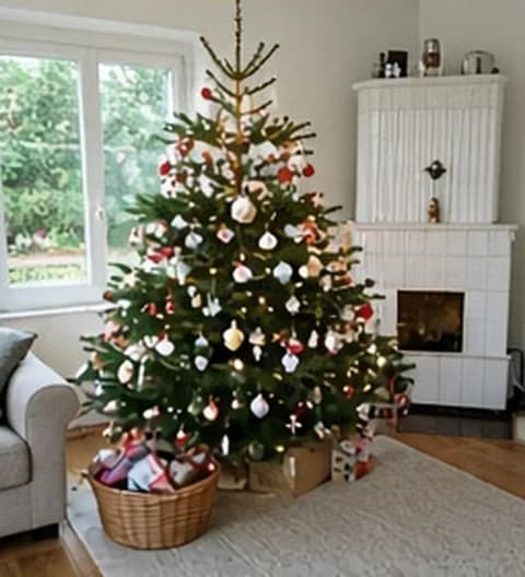 Un sapin familial naturel, décoré simplement dans un intérieur vécu, photo partagée depuis Belgique
