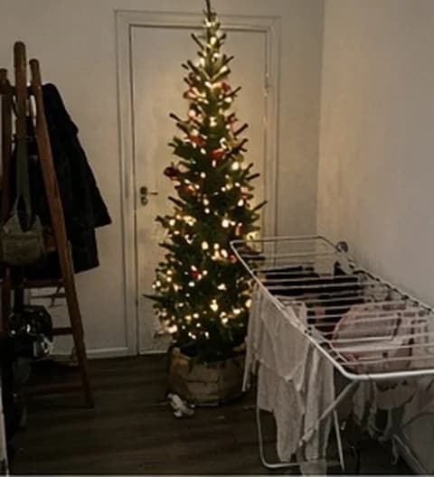Un sapin imparfait installé dans un petit appartement en ville, photo partagée depuis Belgique