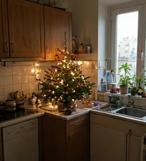 Un sapin imparfait installé dans un petit appartement en ville, photo partagée depuis France
