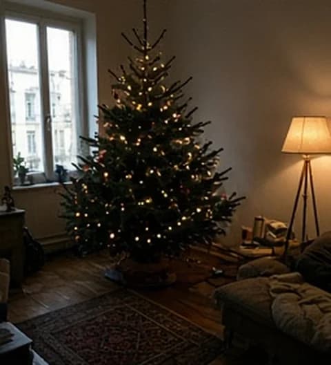 Un sapin imparfait installé dans un petit appartement en ville, photo partagée depuis Italie