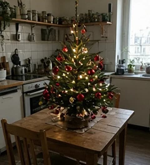 Un sapin imparfait installé dans un petit appartement en ville, photo partagée depuis Belgique