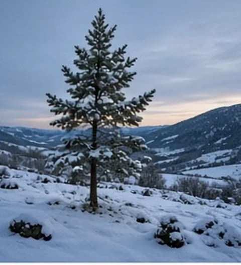 Un sapin extérieur naturel dans un décor d’hiver enneigé, photo partagée depuis Canada
