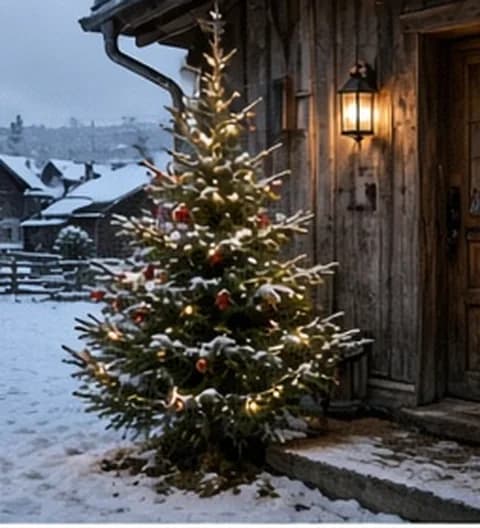 Un sapin extérieur naturel dans un décor d’hiver enneigé, photo partagée depuis Norvège