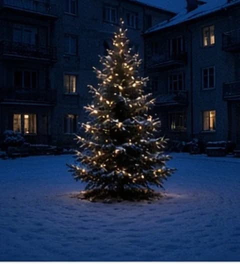 Un sapin extérieur naturel dans un décor d’hiver enneigé, photo partagée depuis Finlande
