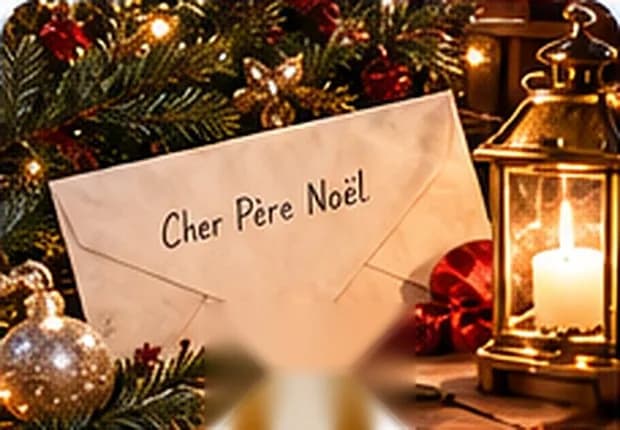 Une enveloppe adressée au Père Noël près d'une lanterne
