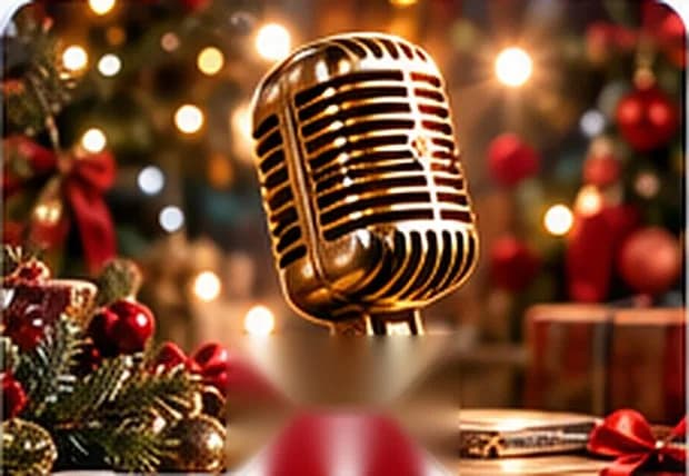 Un micro doré au milieu des décorations de Noël
