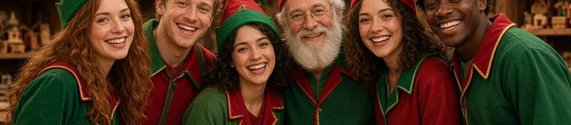 Le Père Noël entouré de lutins souriants