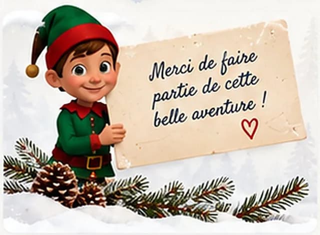 Un lutin tient une pancarte : Merci de faire partie de cette belle aventure !