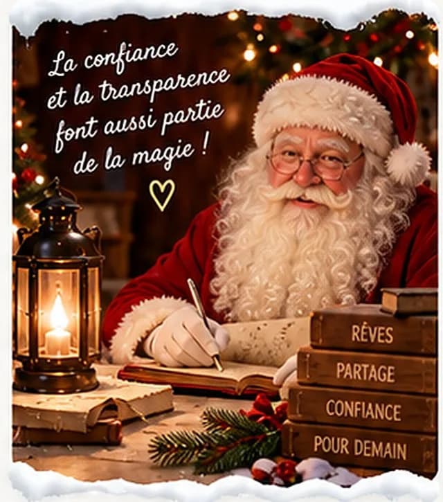 Le Père Noël écrit à son bureau : La confiance et la transparence font aussi partie de la magie ! Rêves, partage, confiance, pour demain.