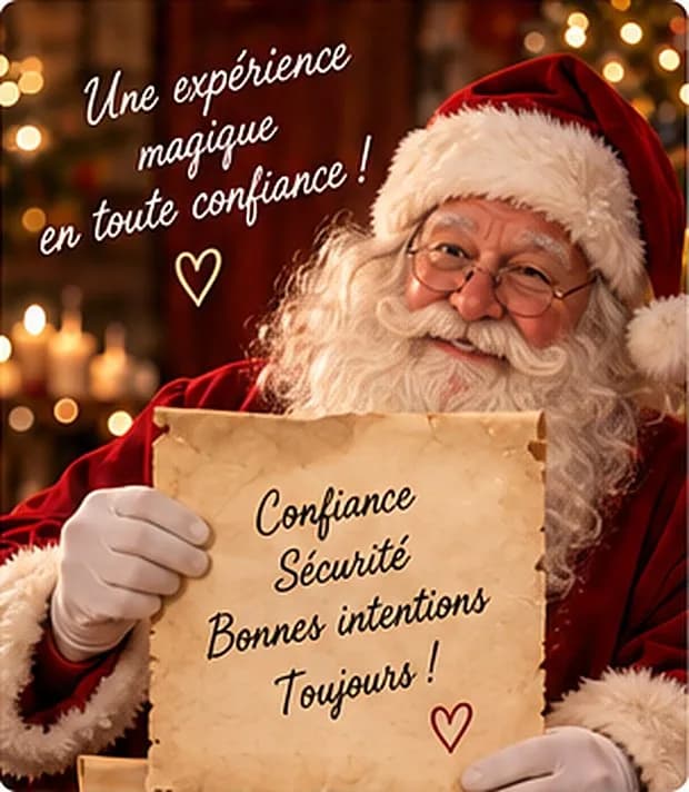 Le Père Noël tient un parchemin : Confiance, Sécurité, Bonnes intentions, Toujours ! Une expérience magique en toute confiance !