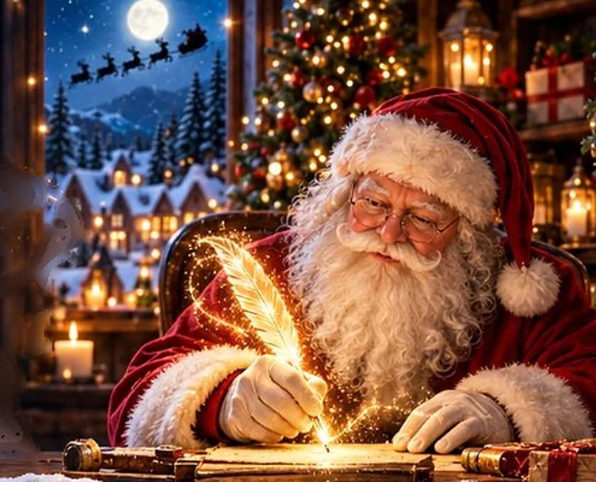 Le Père Noël écrit une lettre avec sa plume magique, dans son bureau décoré pour Noël