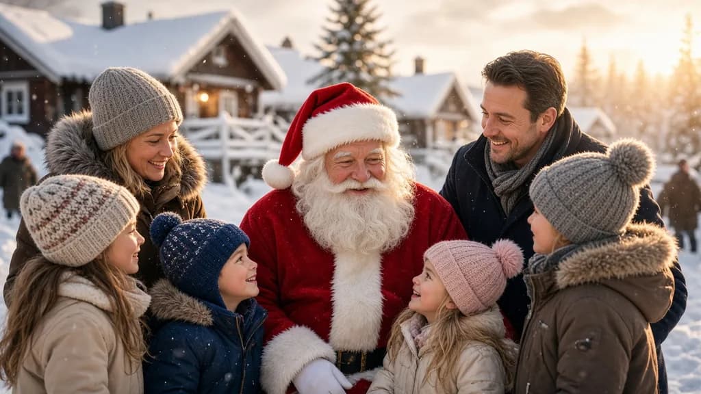 Le Père Noël partage un moment chaleureux avec une famille dans un village enneigé