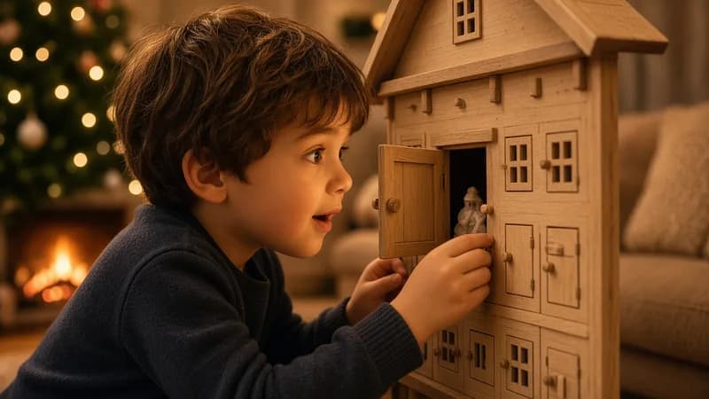 Un enfant découvre la surprise d'un calendrier de l'Avent en bois