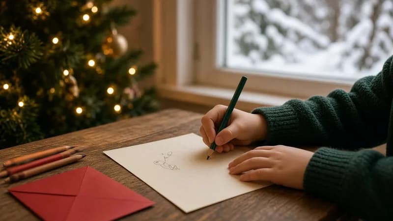 Un enfant écrit sa lettre au Père Noël près du sapin