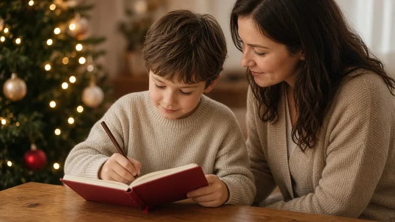 Un enfant remplit son carnet accompagné de sa mère