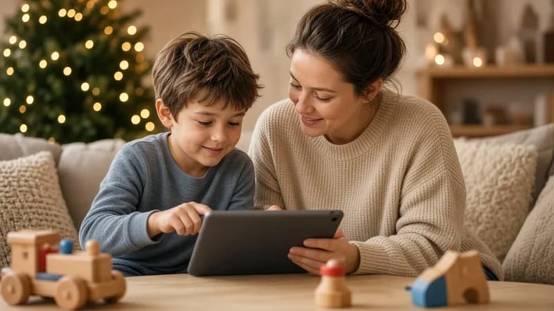 Un enfant et sa mère préparent une liste de jouets sur une tablette