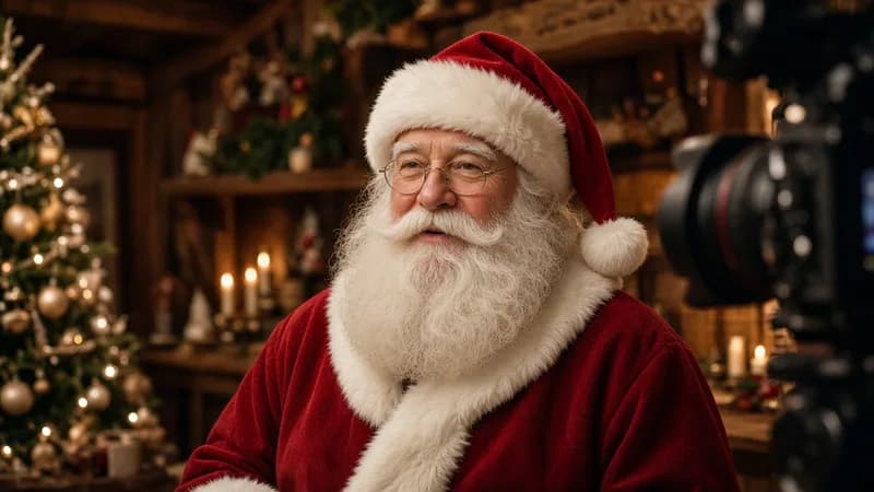 Le Père Noël enregistre un message devant une caméra professionnelle