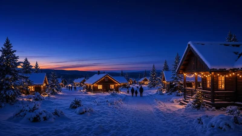 Un village nordique illuminé dans la neige au crépuscule