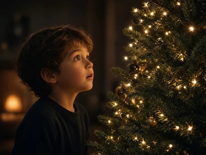 Un enfant émerveillé devant les lumières d'un sapin de Noël