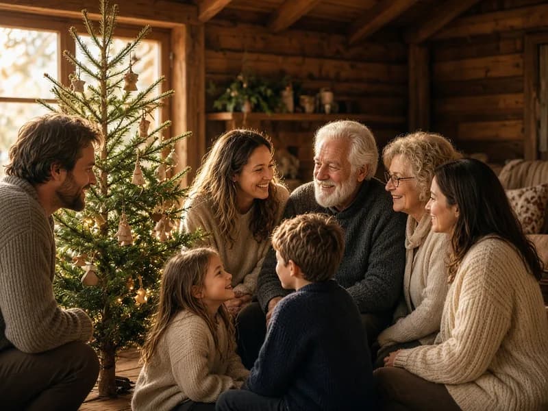 Une famille réunie autour d'un sapin dans un chalet chaleureux