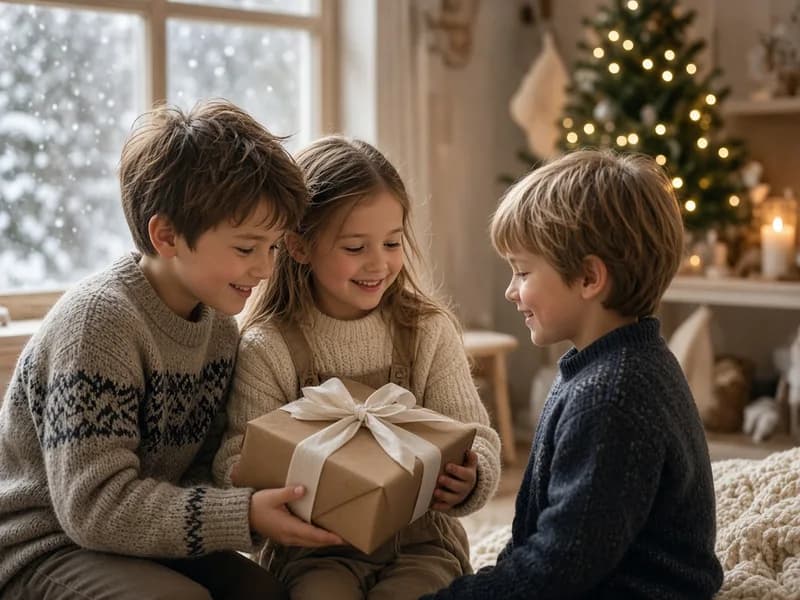 Des enfants partagent un cadeau de Noël avec bienveillance