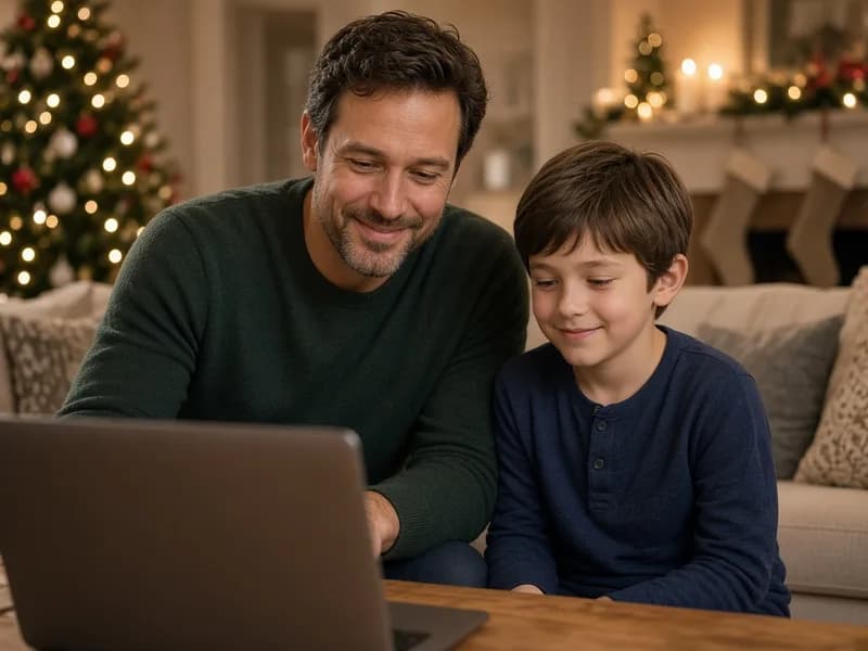 Un parent accompagne son enfant devant un ordinateur dans un salon de Noël