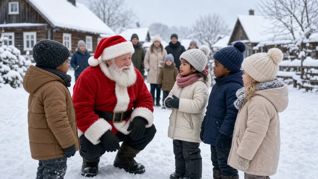 Le Père Noël écoute avec attention plusieurs enfants dans un village enneigé