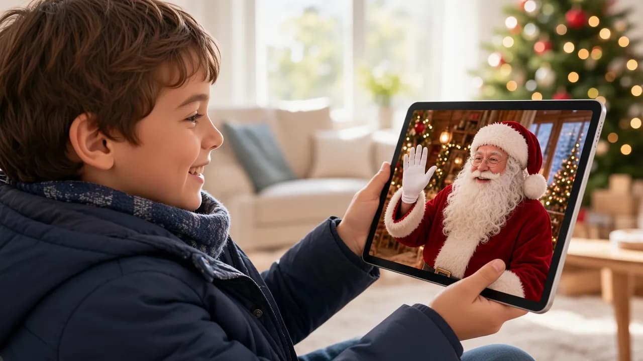 Un enfant souriant regarde un message vidéo du Père Noël sur une tablette
