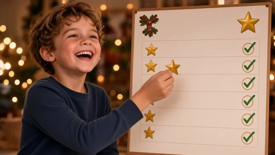 Un enfant joyeux devant son tableau de progrès