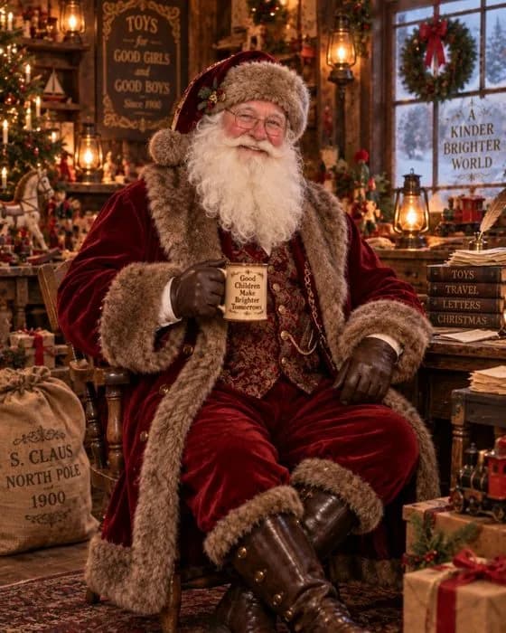 Le Père Noël vers 1900, en manteau de velours et fourrure, dans son atelier de jouets