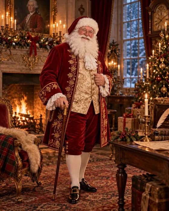 Le Père Noël en habit de velours brodé du XVIIIe siècle, dans un salon près de la cheminée