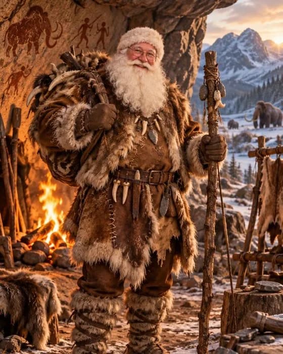 Le Père Noël de la préhistoire, vêtu de peaux de bêtes, devant une grotte ornée de peintures et un mammouth
