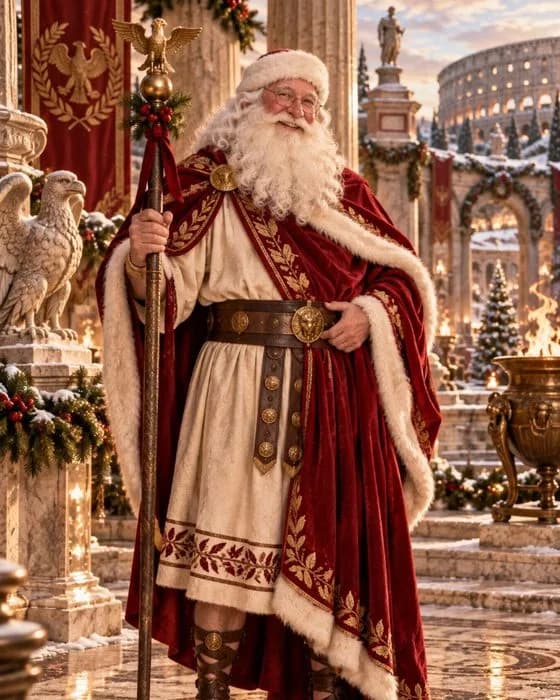 Le Père Noël en tenue romaine, tunique et manteau rouge, devant le Colisée enneigé