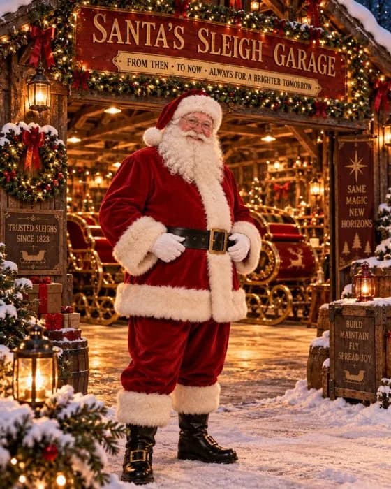 Le Père Noël en costume rouge et blanc classique devant le garage de son traîneau