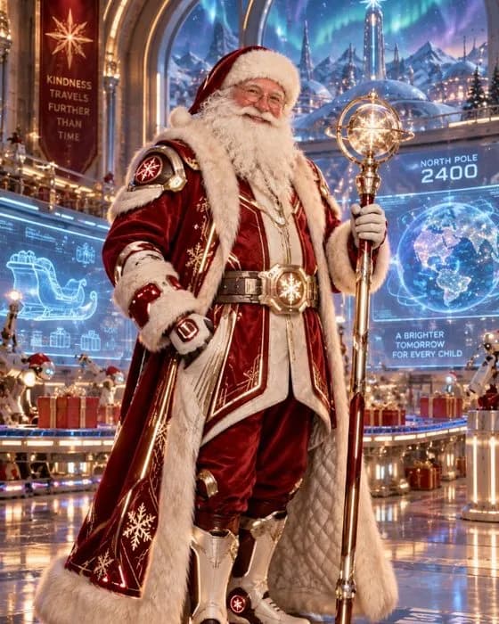 Le Père Noël futuriste de l’an 2400, en manteau rouge et blanc high-tech, avec un sceptre lumineux