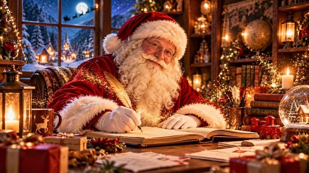 Le Père Noël écrit à la plume dans un grand livre, dans son bureau éclairé par les bougies