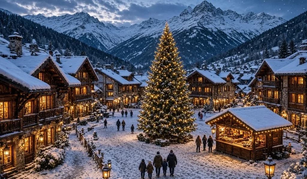 Le village du Père Noël sous la neige, avec un grand sapin illuminé au centre de la place