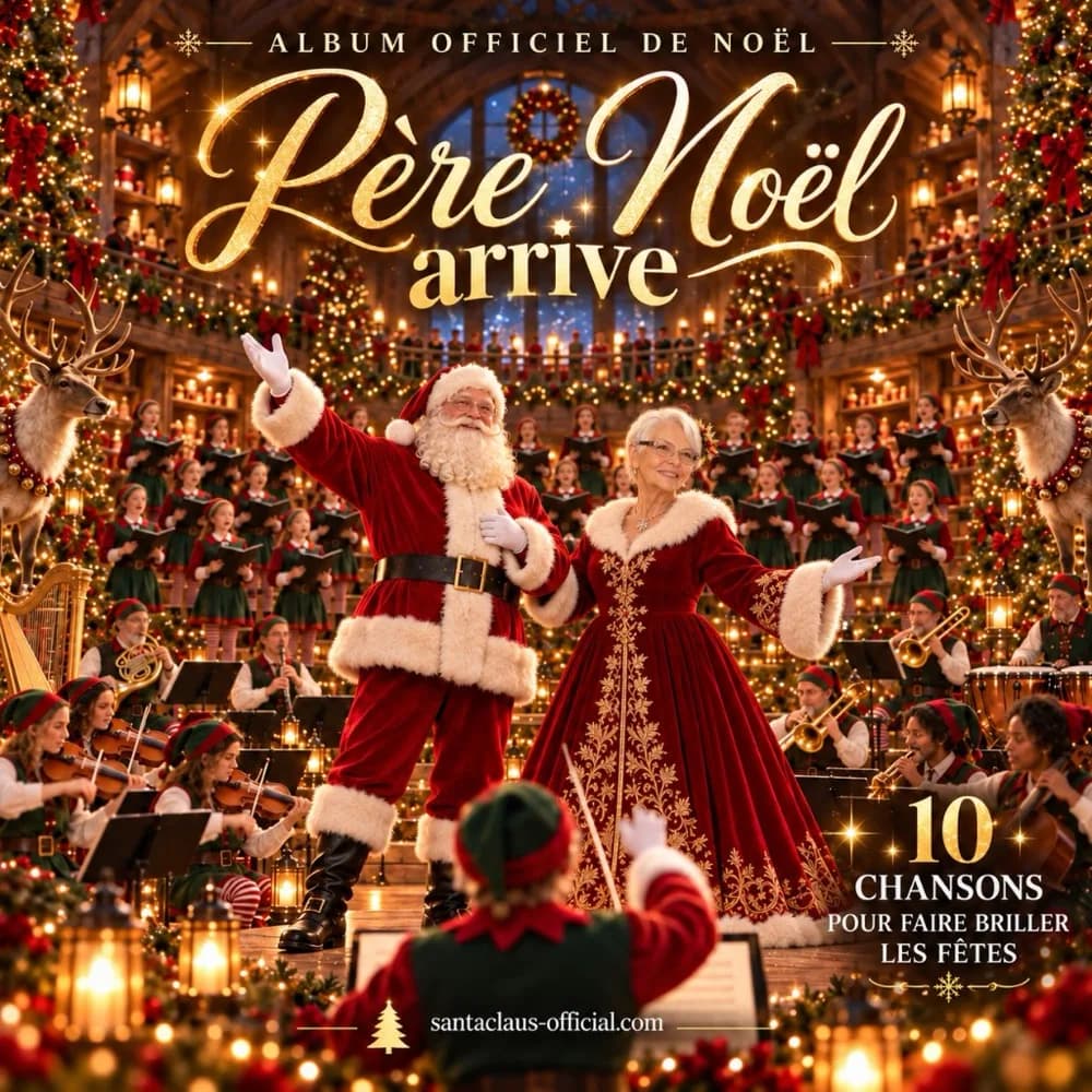 Pochette de l’album « Père Noël arrive » : le Père Noël et la Mère Noël sur scène devant un grand sapin illuminé