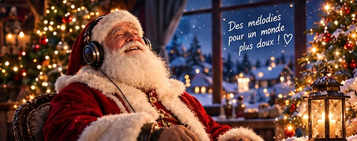 Le Père Noël écoute de la musique au casque près du sapin : Des mélodies pour un monde plus doux !