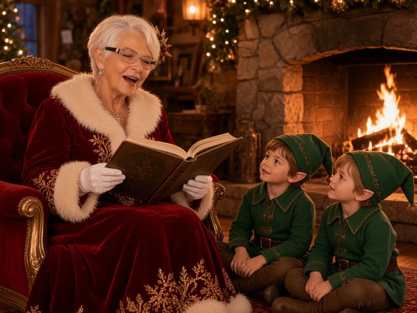 La Mère Noël lit une histoire au coin du feu