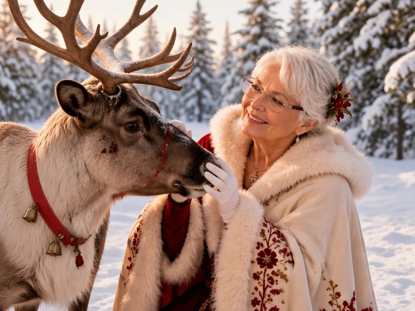 La Mère Noël caresse un renne dans la neige