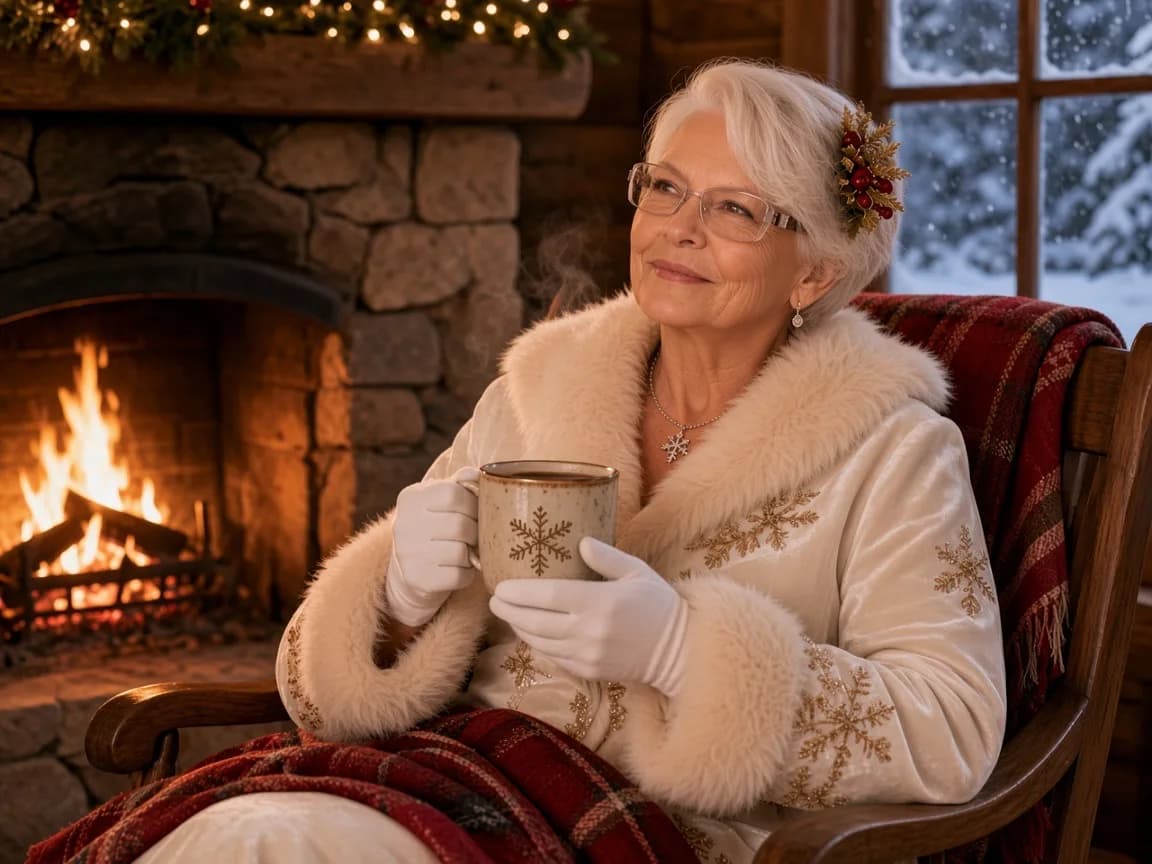 La Mère Noël en janvier, manteau blanc brodé