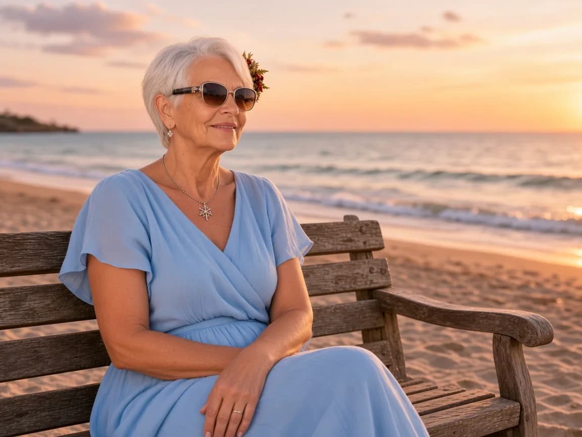 La Mère Noël en août, robe bleue légère et lunettes de soleil
