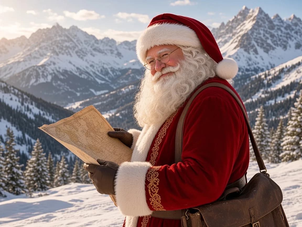 Le Père Noël en voyage, carte et sac de voyage face aux horizons enneigés