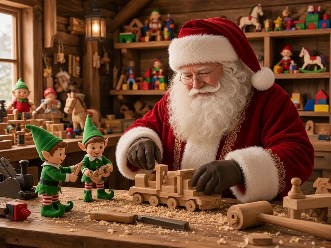Le Père Noël bricole un jouet en bois avec les lutins dans l’atelier