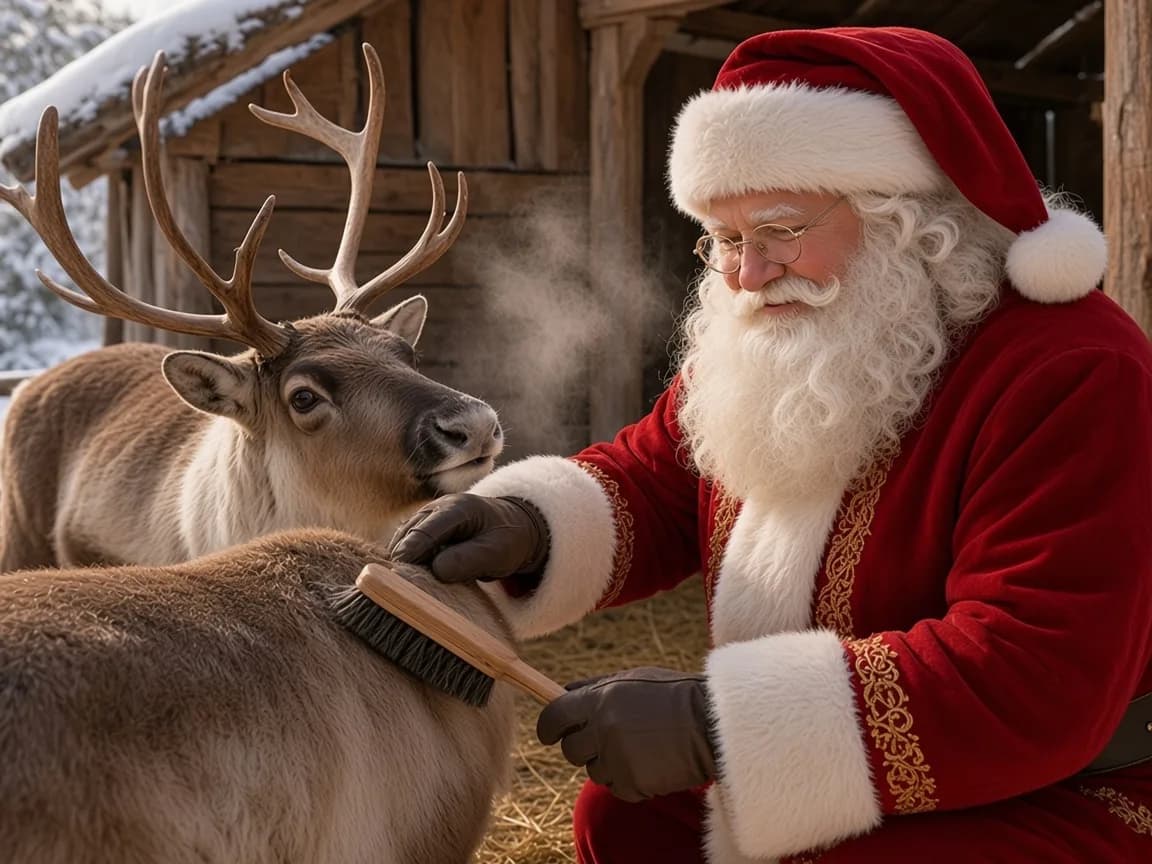 Le Père Noël prend soin d’un renne dans l’étable enneigée