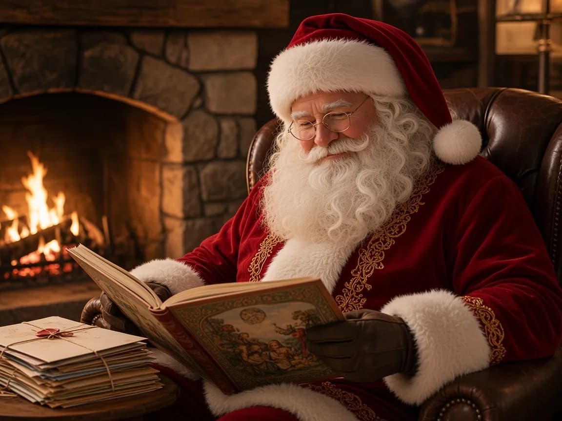 Le Père Noël lit une belle histoire au coin du feu, près des lettres
